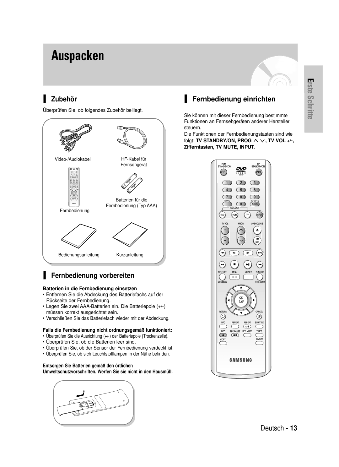 Samsung DVD-HR720/XEF, DVD-HR720/XEG manual Zubehö r, Fernbedienung vorbereiten, Fernbedienung einrichten 