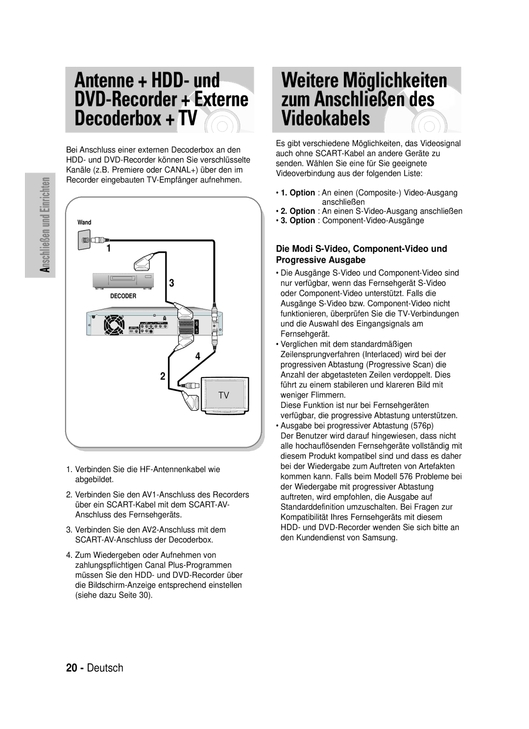 Samsung DVD-HR720/XEG Antenne + HDD- und DVD-Recorder + Externe Decoderbox + TV, Ausgabe bei progressiver Abtastung 576p 