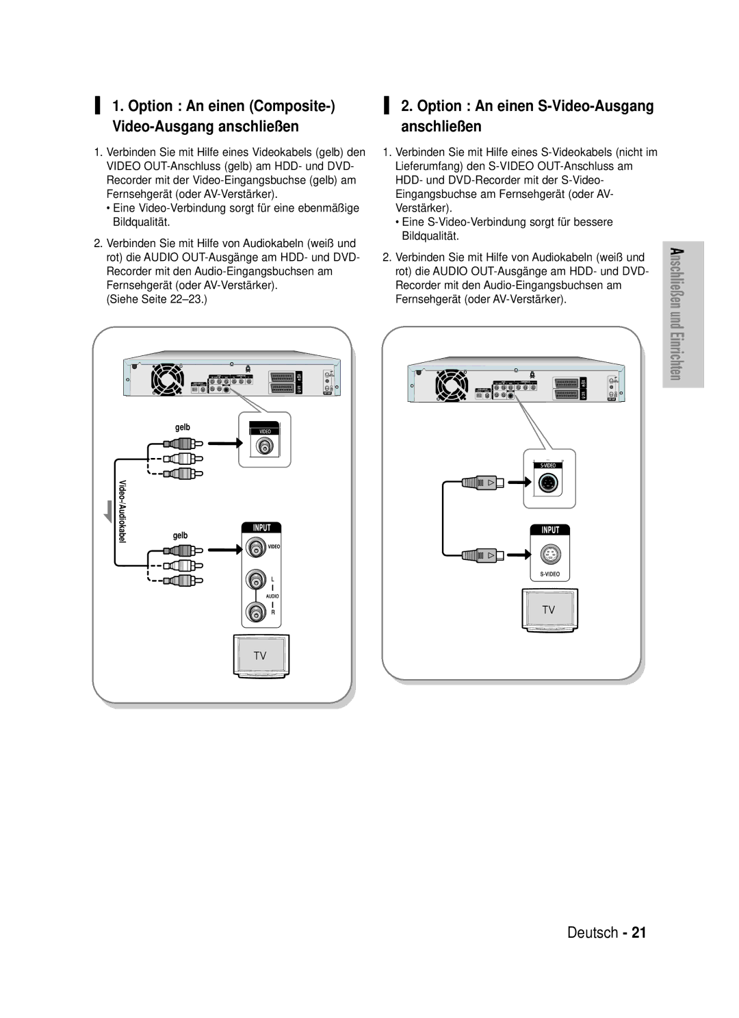 Samsung DVD-HR720/XEF Option An einen S-Video-Ausgang anschließen, Option An einen Composite- Video-Ausgang anschließen 