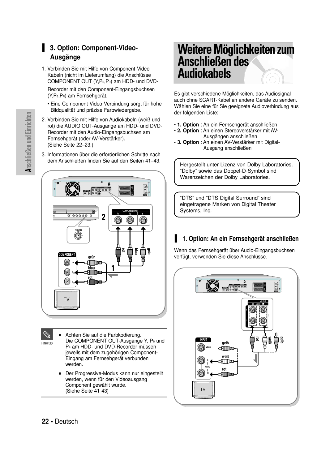 Samsung DVD-HR720/XEG manual Weitere Möglichkeiten zum Anschließen des Audiokabels, Option An ein Fernsehgerät anschließen 