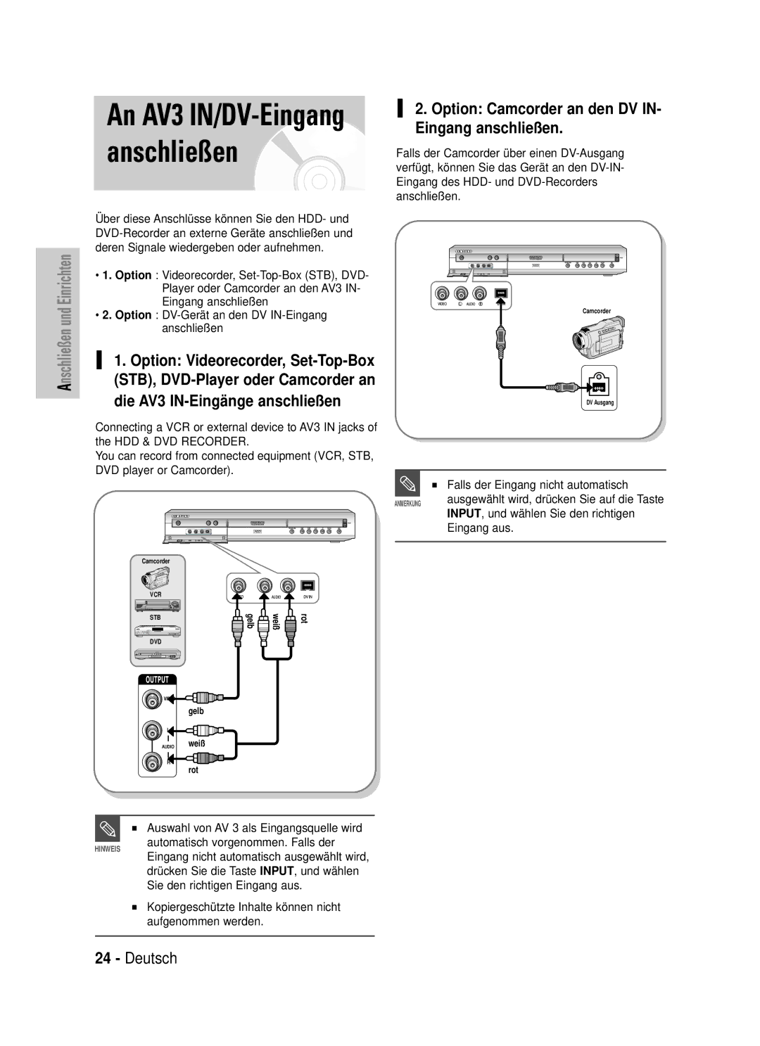 Samsung DVD-HR720/XEG, DVD-HR720/XEF An AV3 IN/DV-Eingang anschließen, Option Camcorder an den DV IN- Eingang anschließen 