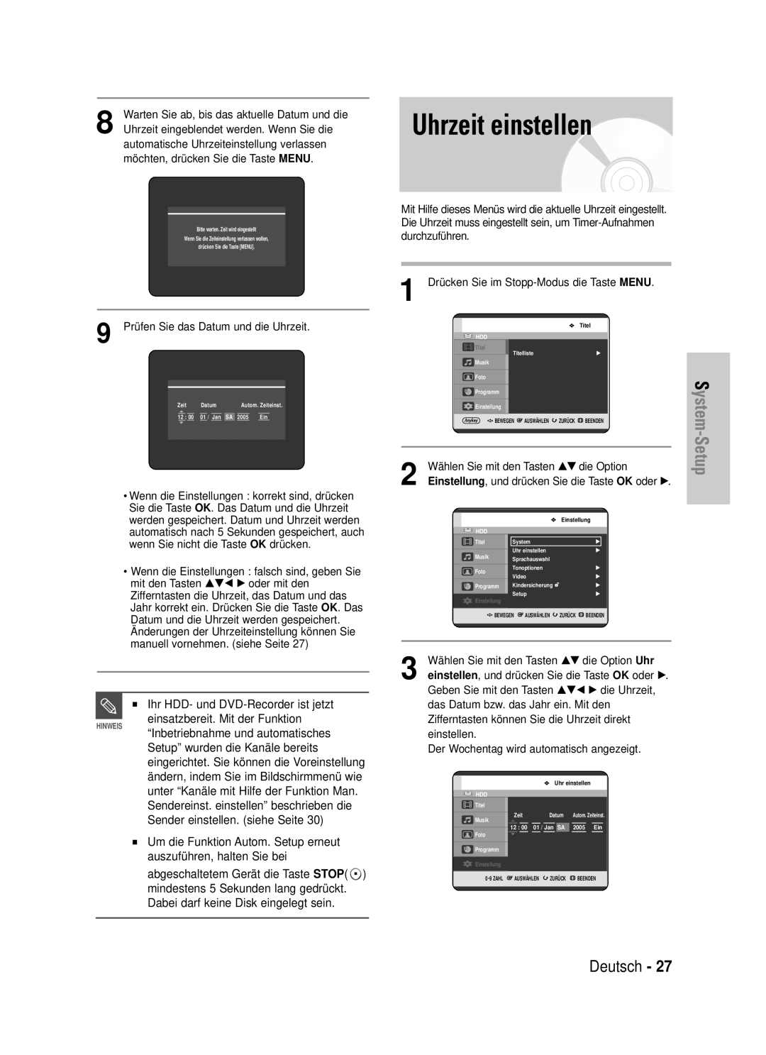 Samsung DVD-HR720/XEF Uhrzeit einstellen, Ihr HDD- und DVD-Recorder ist jetzt, Wählen Sie mit den Tasten …† die Option 