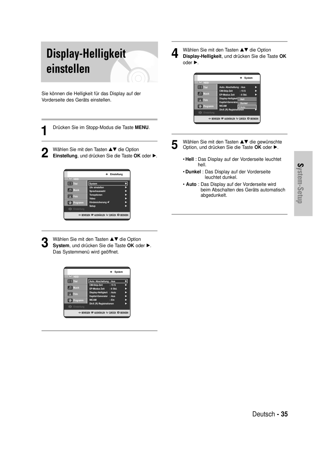 Samsung DVD-HR720/XEF, DVD-HR720/XEG manual Display-Helligkeit einstellen 