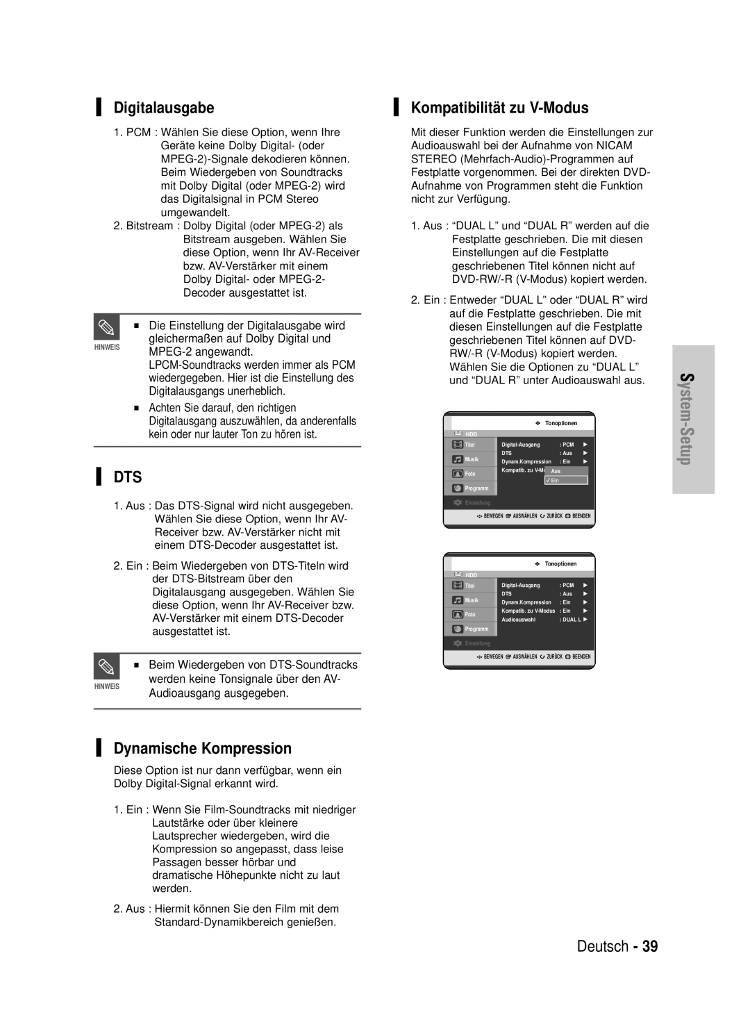 Samsung DVD-HR720/XEF, DVD-HR720/XEG manual Digitalausgabe, Kompatibilitä t zu V-Modus, Dynamische Kompression 