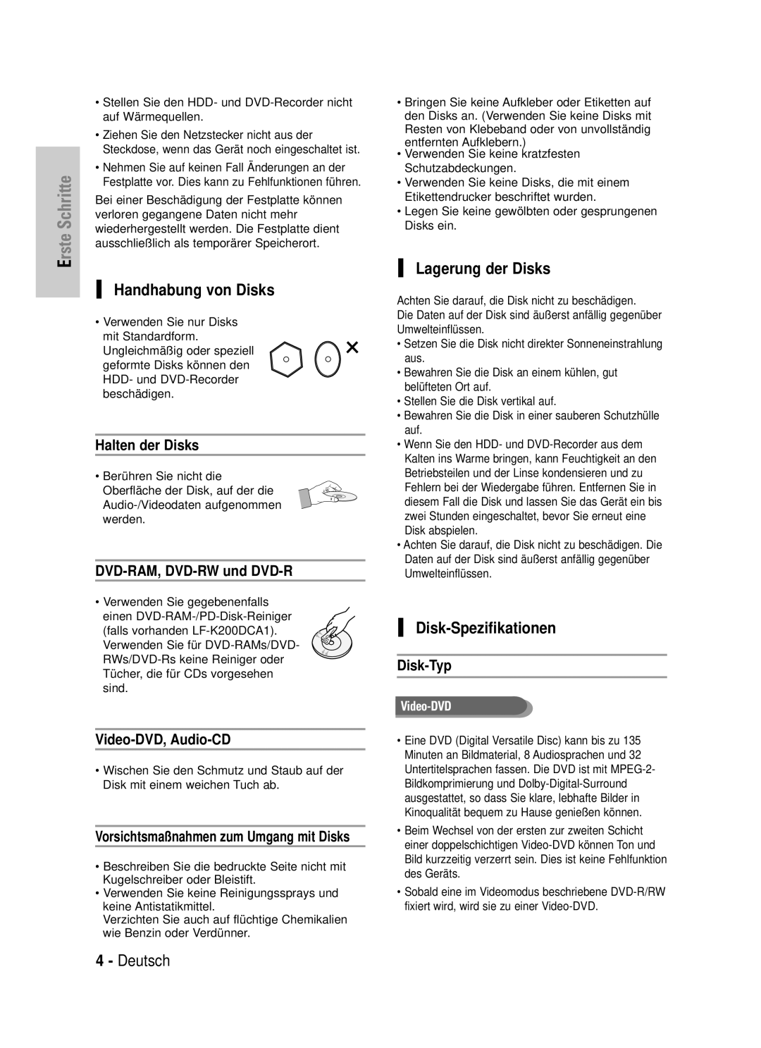 Samsung DVD-HR720/XEG, DVD-HR720/XEF manual Handhabung von Disks, Lagerung der Disks, Disk-Spezifikationen 