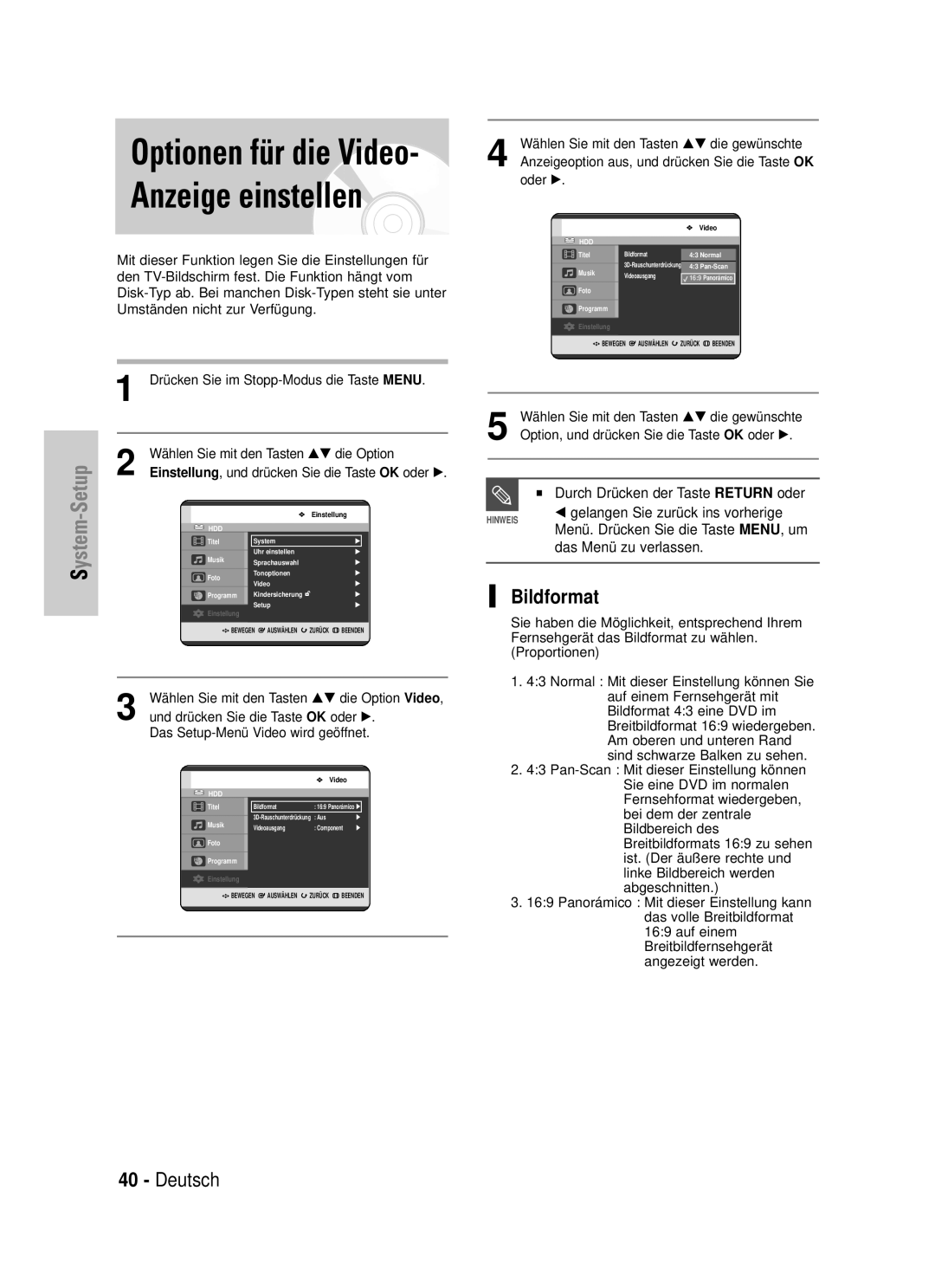 Samsung DVD-HR720/XEG manual Optionen für die Video- Anzeige einstellen, Bildformat, Das Setup-Menü Video wird geöffnet 