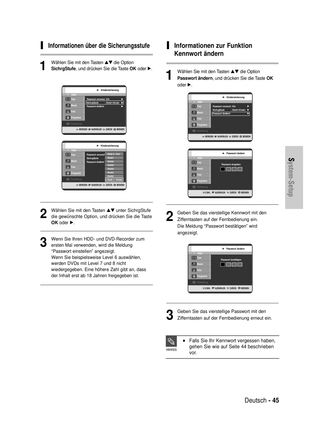 Samsung DVD-HR720/XEF, DVD-HR720/XEG Informationen zur Funktion Kennwort ä ndern, Informationen ü ber die Sicherungsstufe 