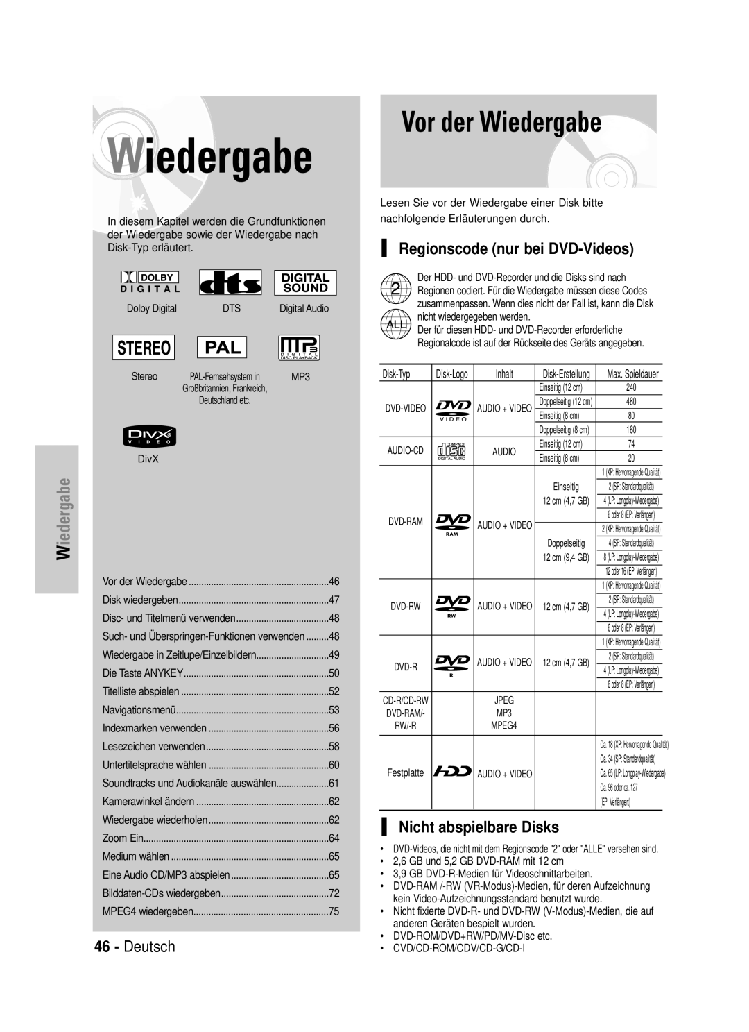 Samsung DVD-HR720/XEG, DVD-HR720/XEF Vor der Wiedergabe, Regionscode nur bei DVD-Videos, Nicht abspielbare Disks, Disk-Typ 