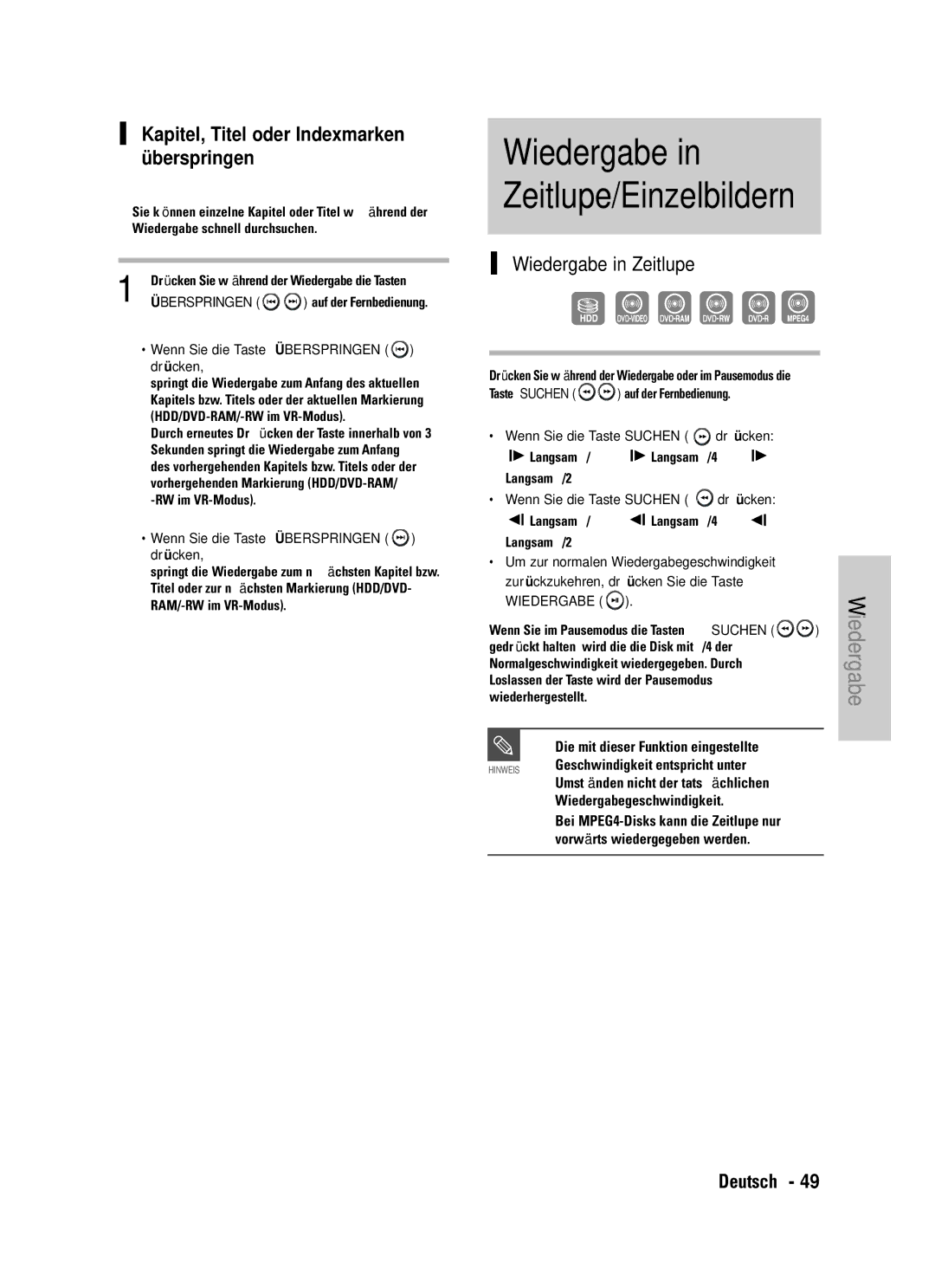 Samsung DVD-HR720/XEF, DVD-HR720/XEG manual Wiedergabe Zeitlupe/Einzelbildern, Kapitel, Titel oder Indexmarken überspringen 