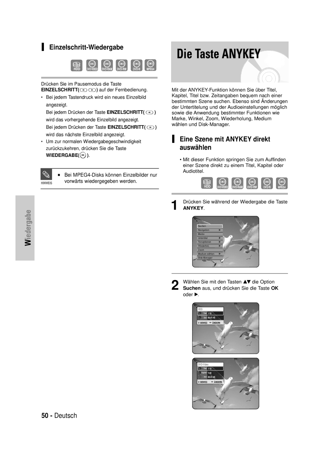 Samsung DVD-HR720/XEG, DVD-HR720/XEF manual Einzelschritt-Wiedergabe, Eine Szene mit Anykey direkt auswä hlen 