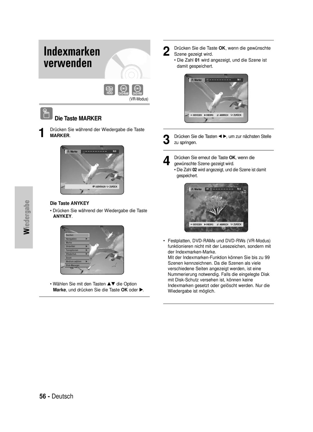 Samsung DVD-HR720/XEG, DVD-HR720/XEF manual Indexmarken verwenden, Die Taste Marker 