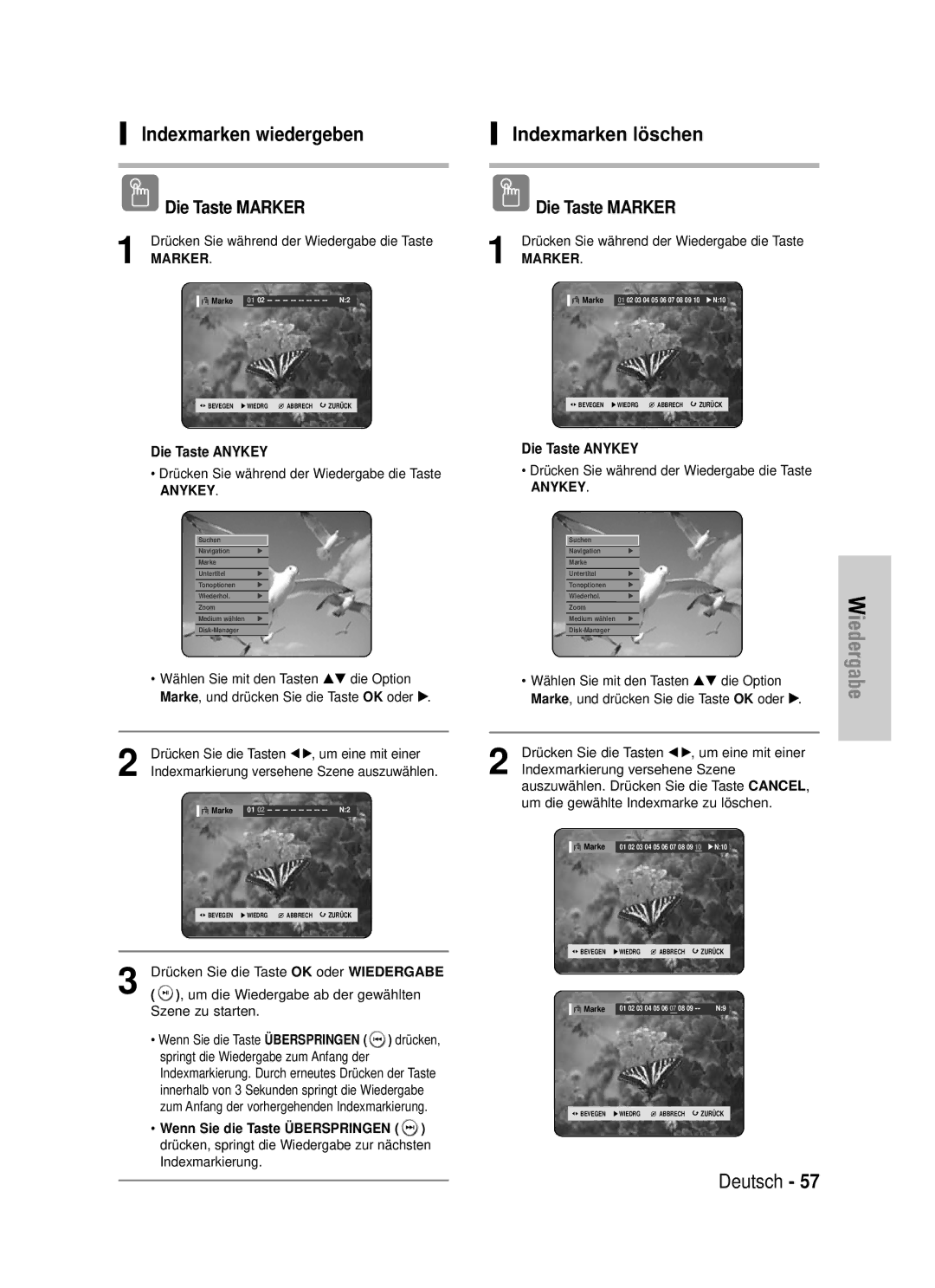 Samsung DVD-HR720/XEF Indexmarken wiedergeben, Indexmarken lö schen, Drücken Sie die Tasten œ √, um eine mit einer, Marker 