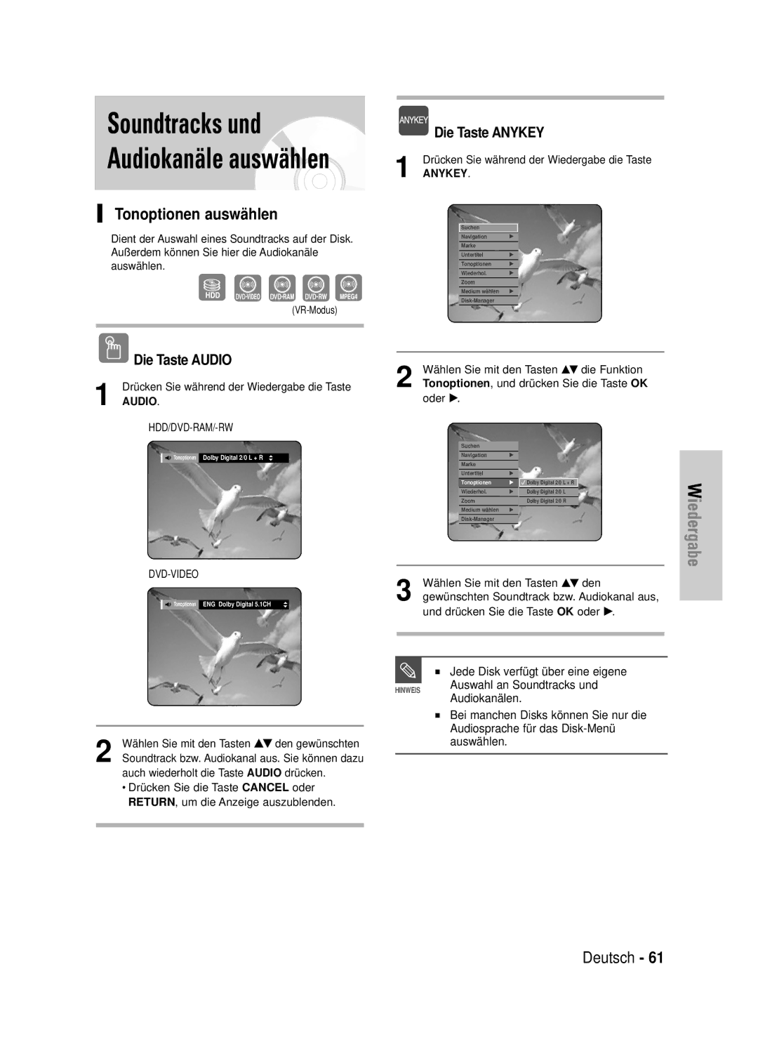 Samsung DVD-HR720/XEF, DVD-HR720/XEG manual Tonoptionen auswählen, Die Taste Audio, Jede Disk verfügt über eine eigene 