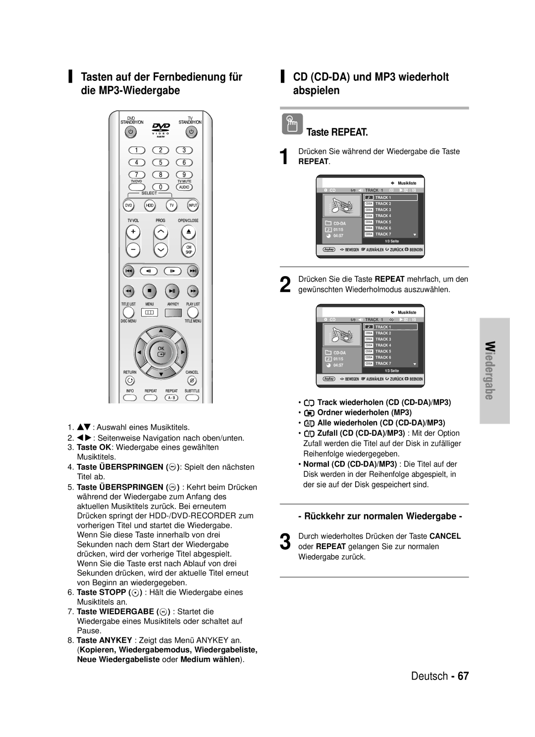 Samsung DVD-HR720/XEF manual Tasten auf der Fernbedienung fü r die MP3-Wiedergabe, CD CD-DA und MP3 wiederholt abspielen 