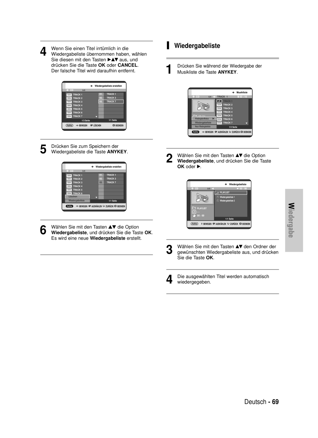 Samsung DVD-HR720/XEF, DVD-HR720/XEG manual Drücken Sie zum Speichern der, Wiedergabeliste die Taste Anykey 