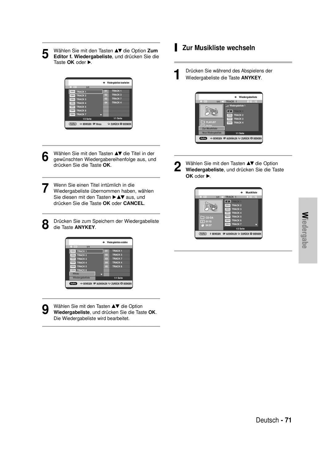 Samsung DVD-HR720/XEF, DVD-HR720/XEG manual Zur Musikliste wechseln, Wählen Sie mit den Tasten …† die Option Zum 