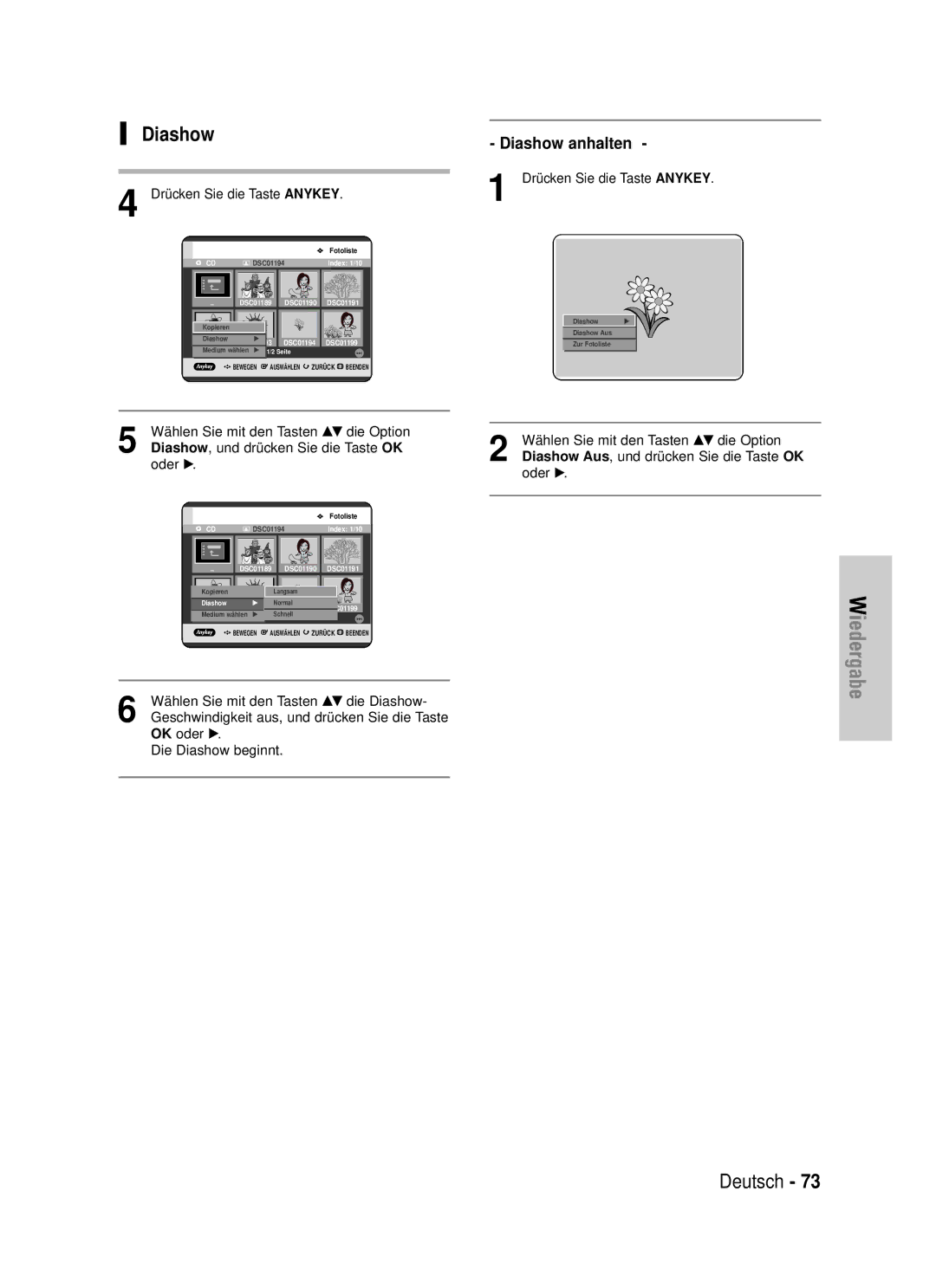 Samsung DVD-HR720/XEF, DVD-HR720/XEG manual Diashow anhalten, Diashow, und drücken Sie die Taste OK 