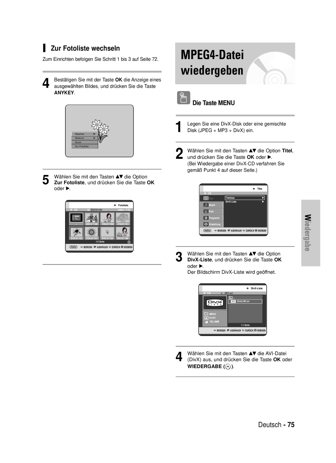 Samsung DVD-HR720/XEF, DVD-HR720/XEG manual Zur Fotoliste wechseln, Die Taste Menu 