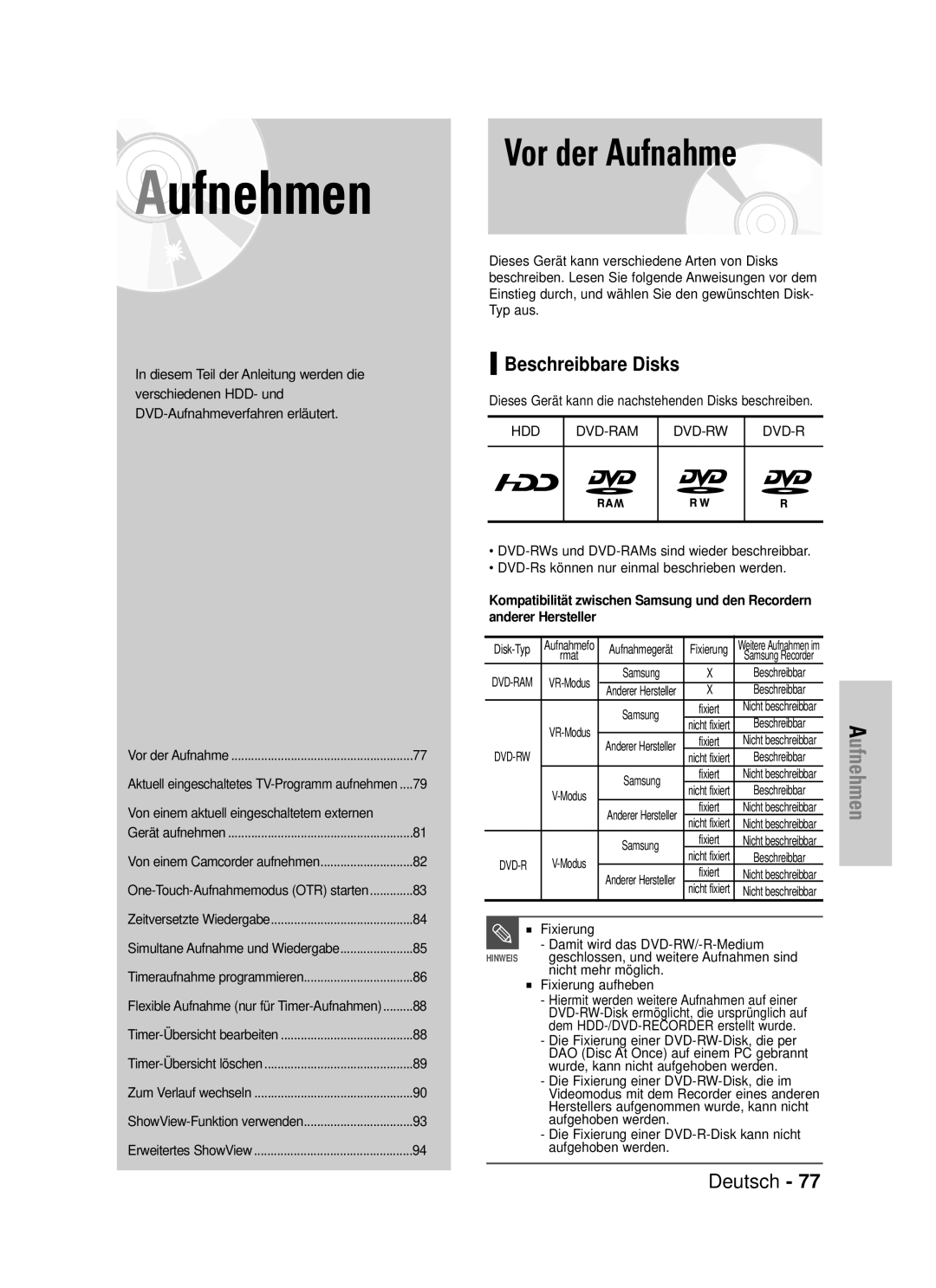 Samsung DVD-HR720/XEF, DVD-HR720/XEG manual Beschreibbare Disks 