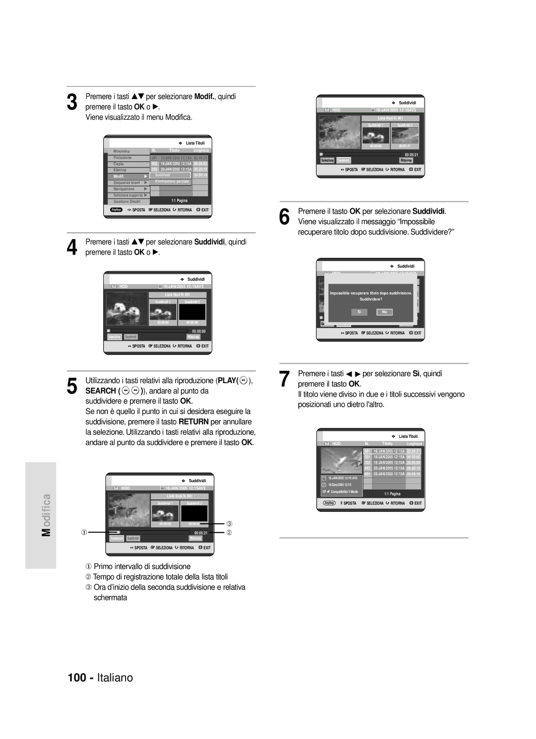 Samsung DVD-HR720/XET manual Premere i tasti …† per selezionare Modif., quindi, Suddividere e premere il tasto OK 