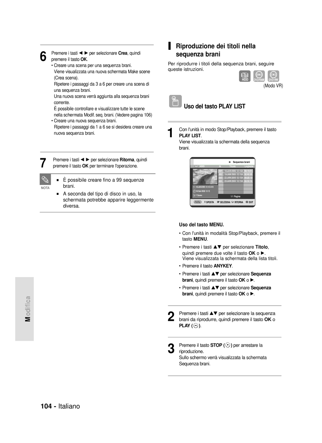 Samsung DVD-HR720/XET manual Riproduzione dei titoli nella sequenza brani, Uso del tasto Play List, Brani 