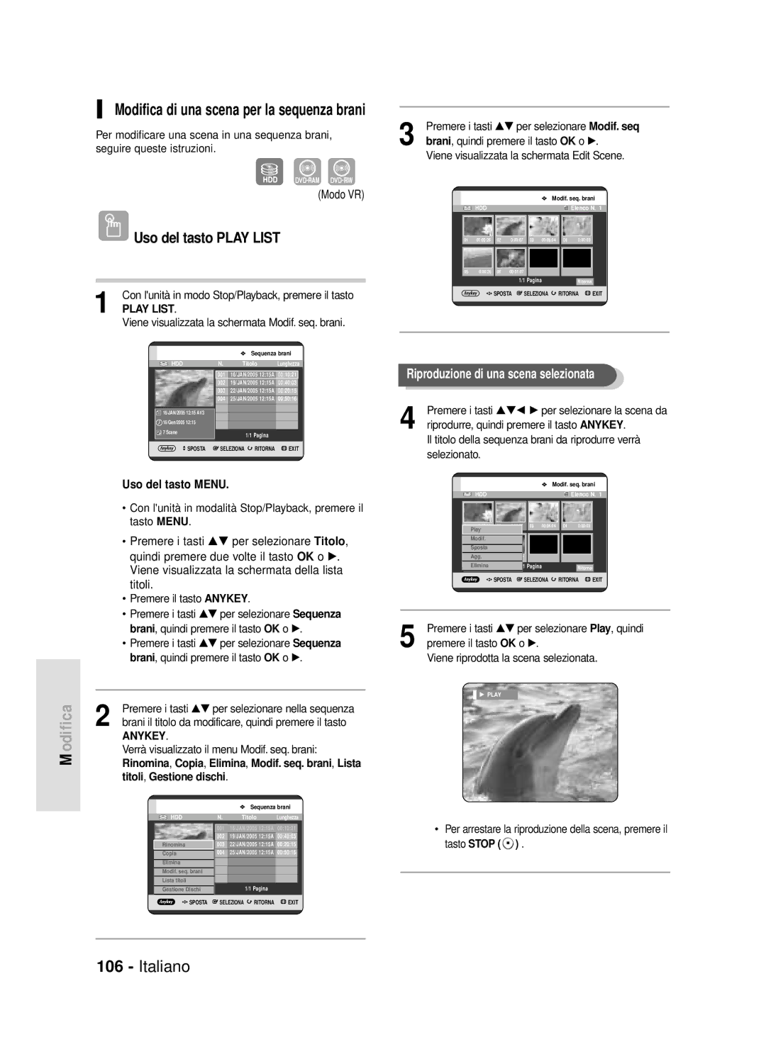 Samsung DVD-HR720/XET manual Modifica di una scena per la sequenza brani 