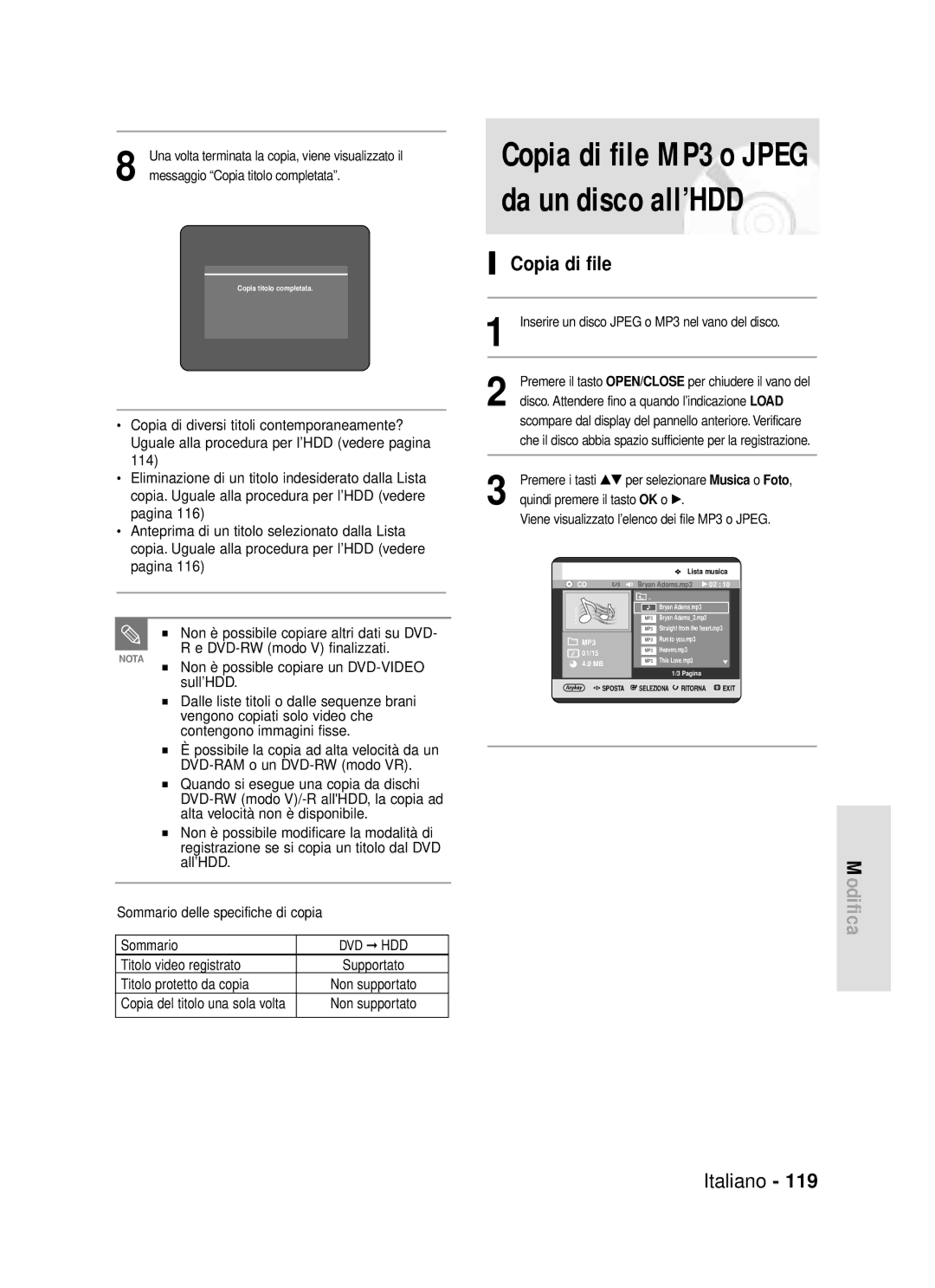 Samsung DVD-HR720/XET manual Copia di file MP3 o Jpeg da un disco all’HDD 