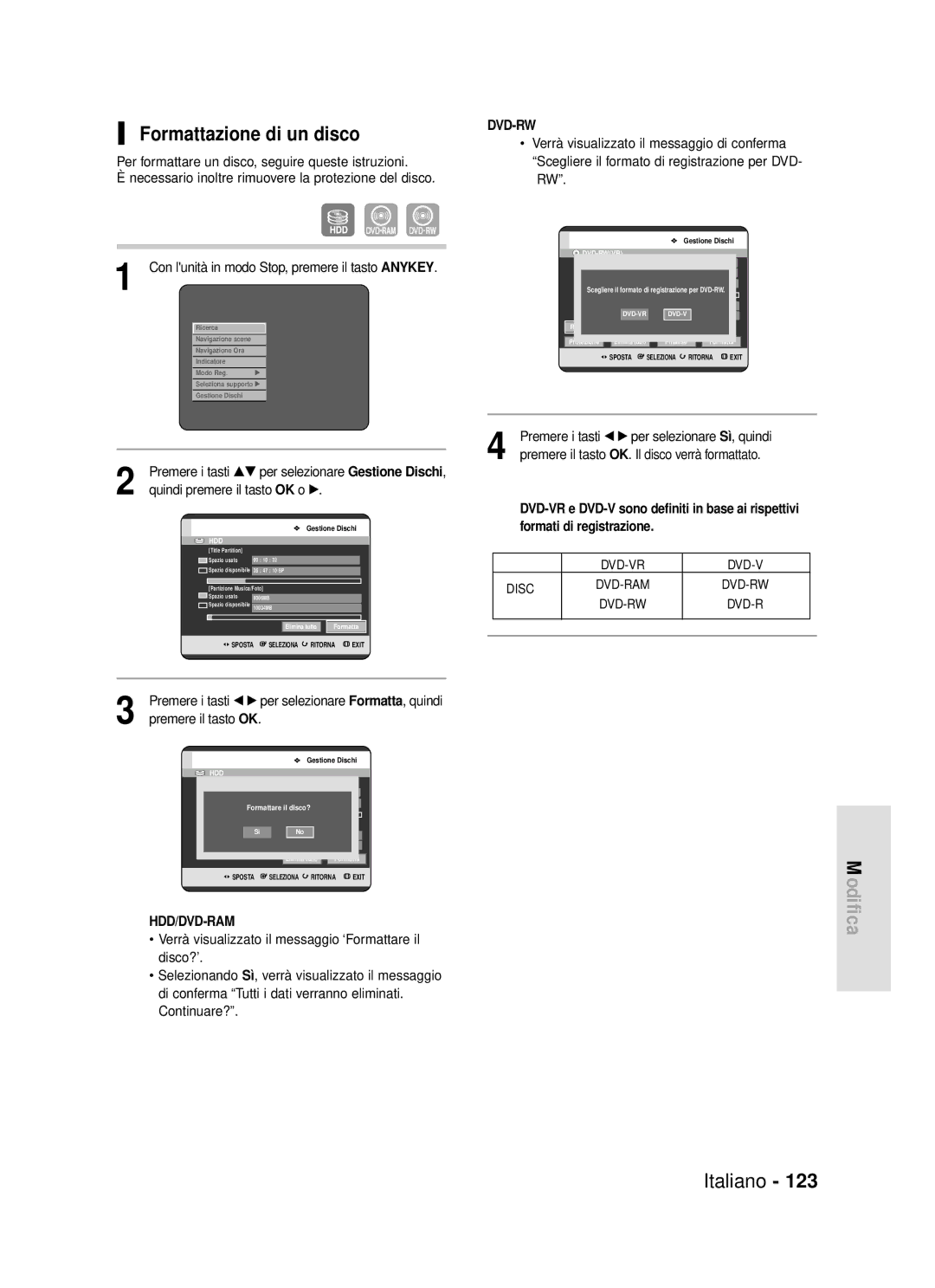 Samsung DVD-HR720/XET manual Formattazione di un disco, Dvd-Rw 