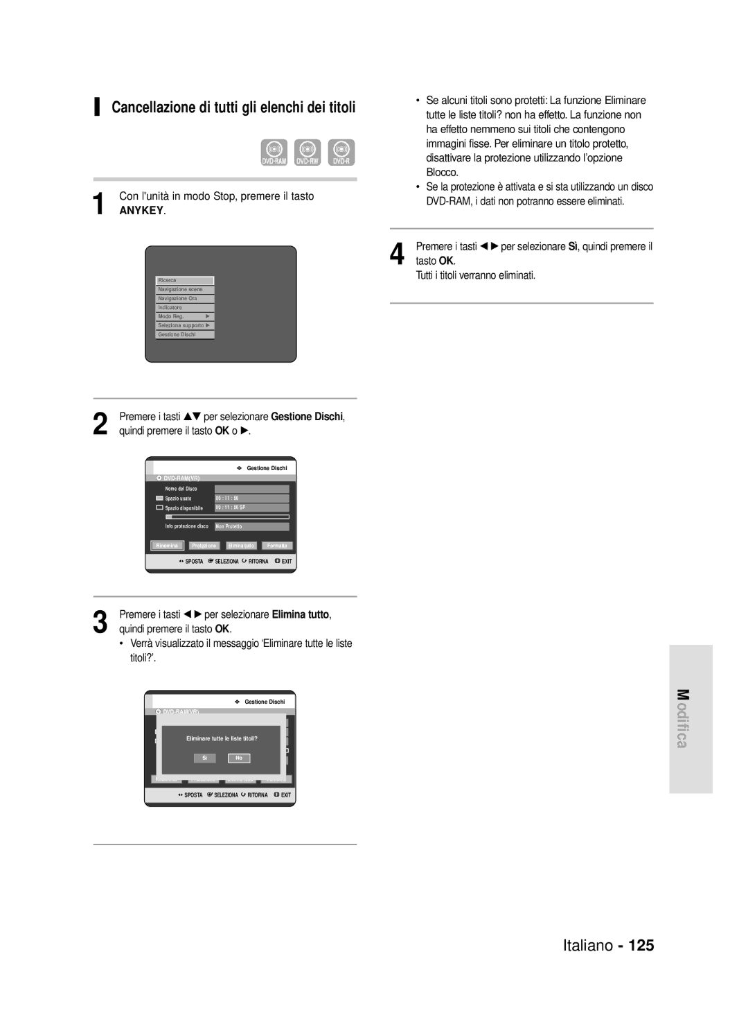 Samsung DVD-HR720/XET manual Cancellazione di tutti gli elenchi dei titoli, Con lunità in modo Stop, premere il tasto 