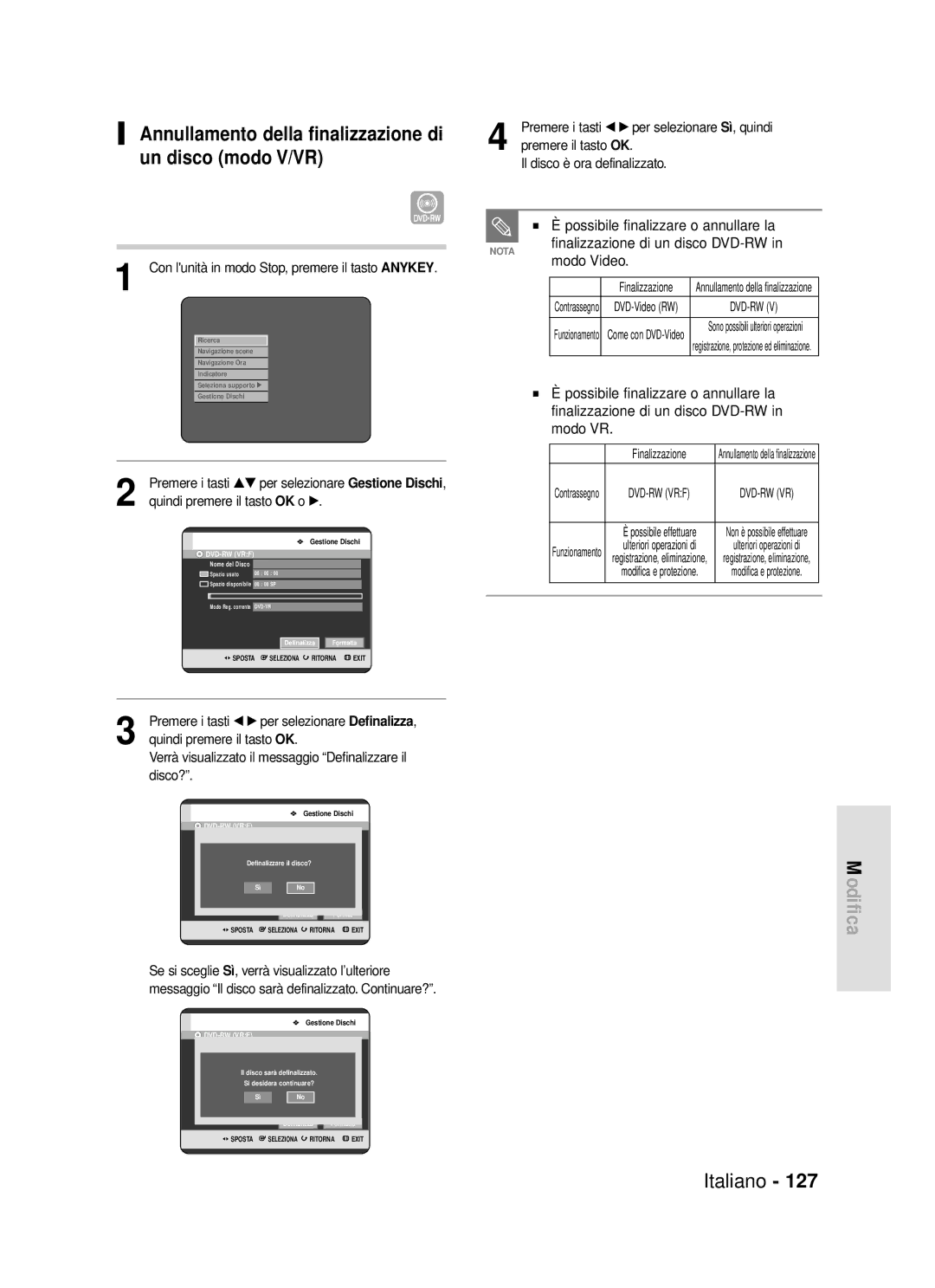 Samsung DVD-HR720/XET manual Annullamento della finalizzazione di un disco modo V/VR, Modo Video, Disco? 