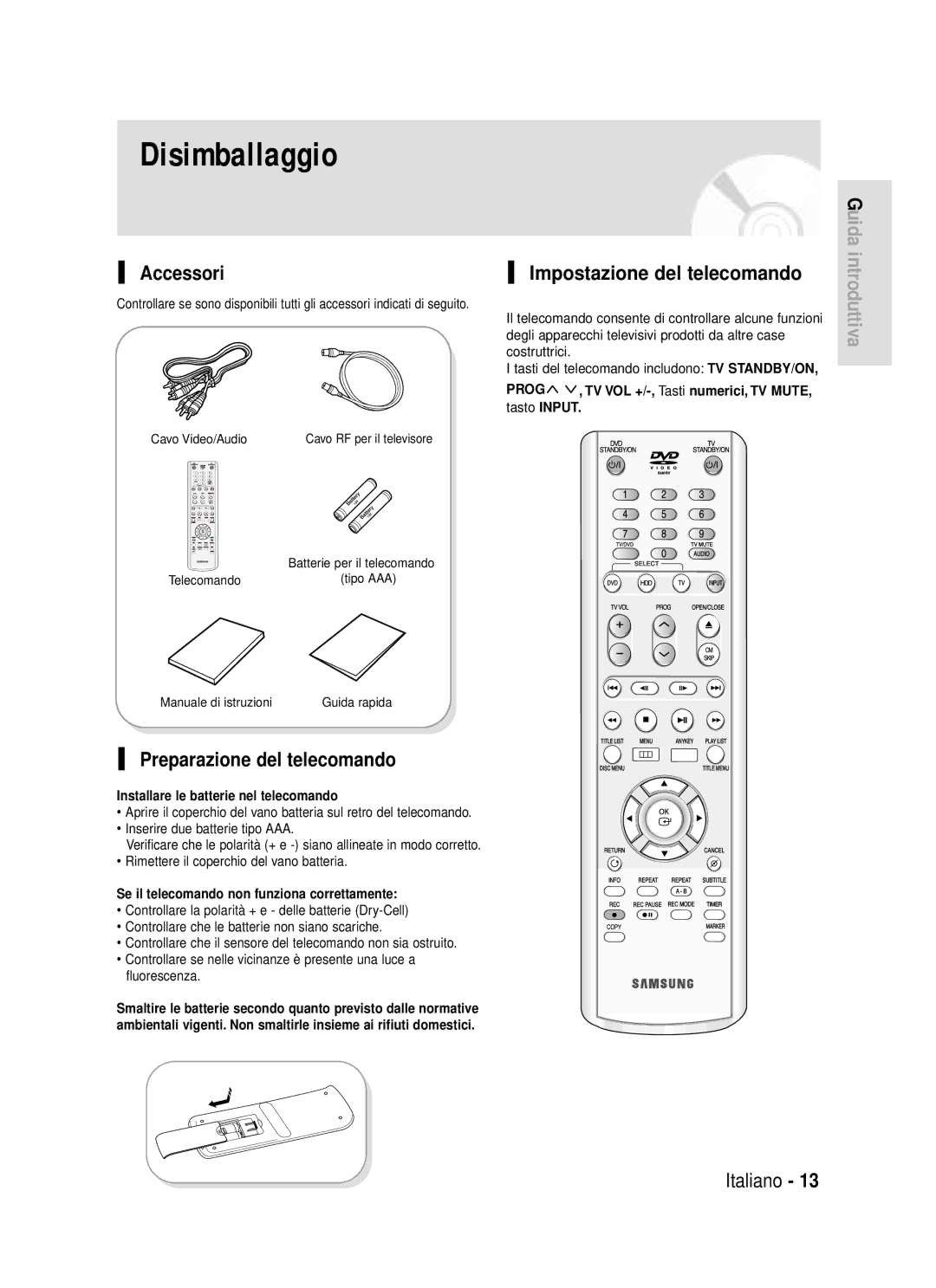 Samsung DVD-HR720/XET manual Accessori, Preparazione del telecomando, Impostazione del telecomando 