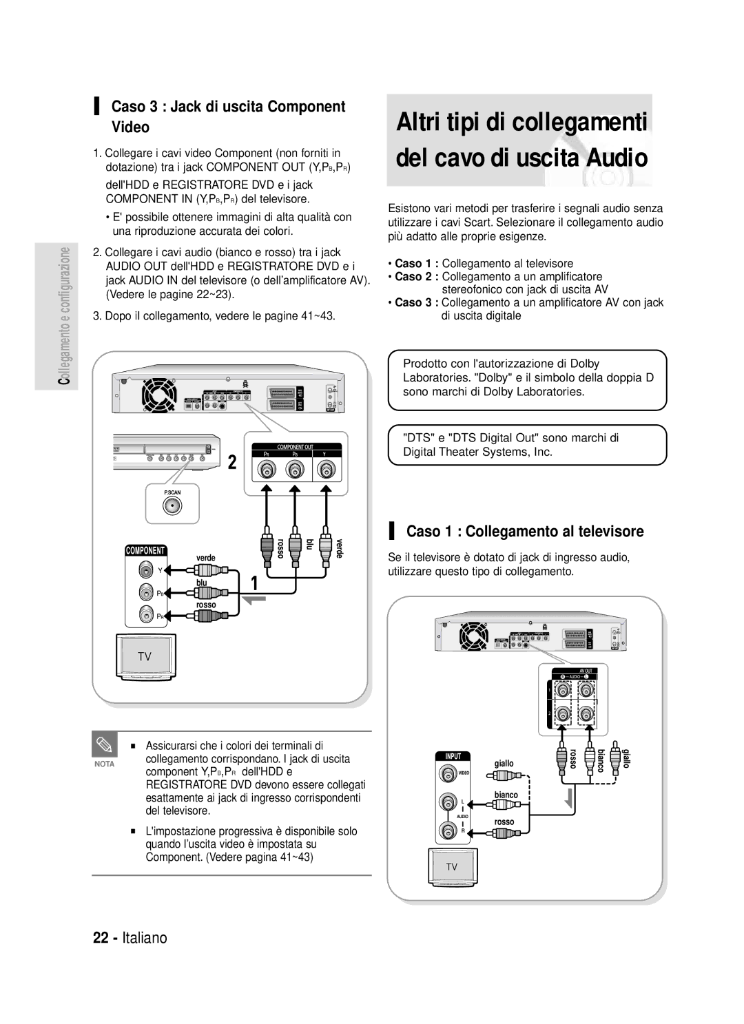 Samsung DVD-HR720/XET manual Altri tipi di collegamenti del cavo di uscita Audio, Caso 3 Jack di uscita Component Video 