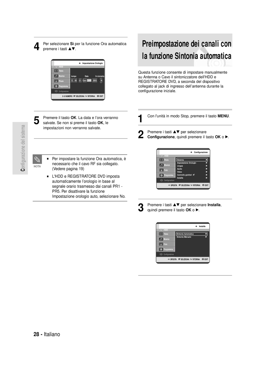 Samsung DVD-HR720/XET Vedere pagina, Per impostare la funzione Ora automatica, è, Necessario che il cavo RF sia collegato 