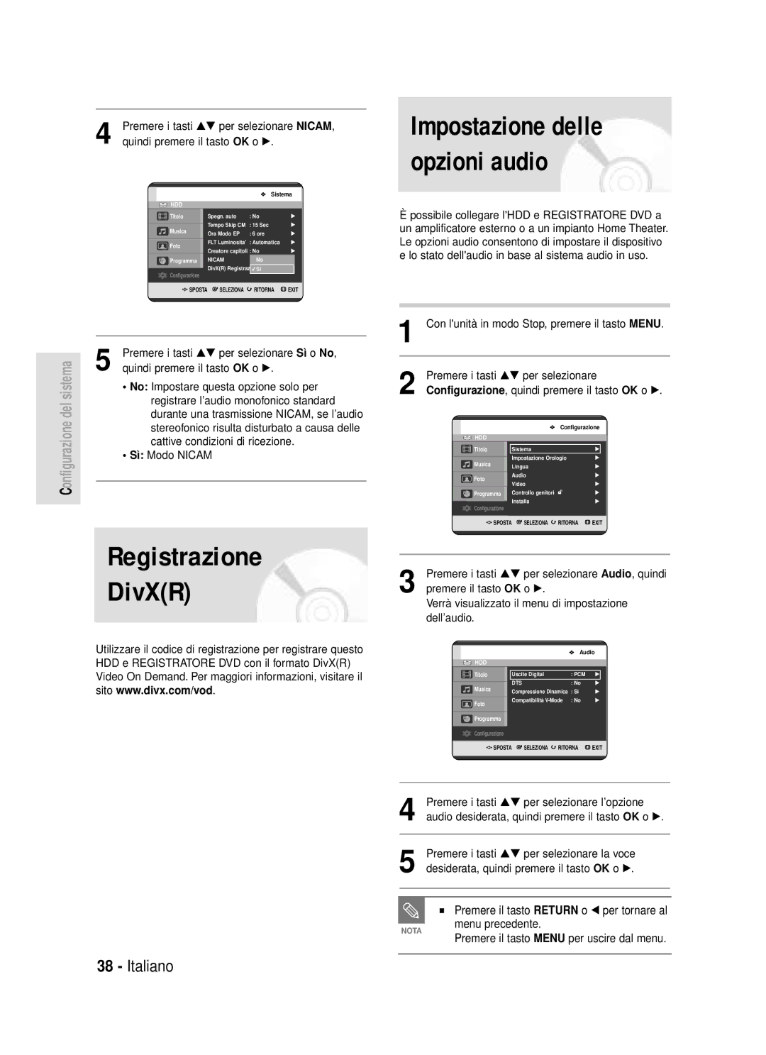 Samsung DVD-HR720/XET Registrazione DivXR, Impostazione delle opzioni audio, Premere il tasto Return o œ per tornare al 