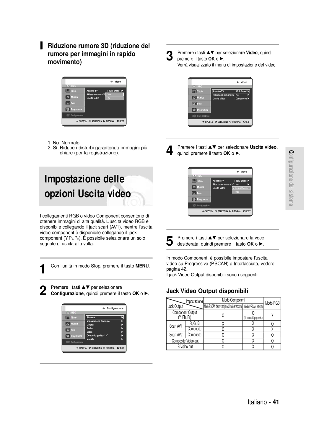 Samsung DVD-HR720/XET manual Impostazione delle opzioni Uscita video, Jack Video Output disponibili, Modo Component 