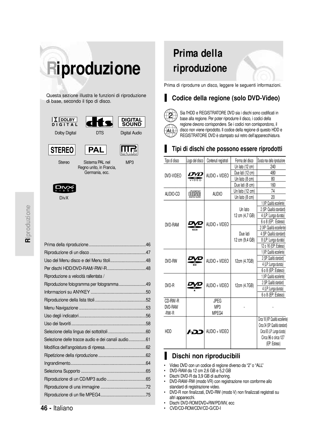 Samsung DVD-HR720/XET manual Prima della, Codice della regione solo DVD-Video, Dischi non riproducibili, Rw/-R 