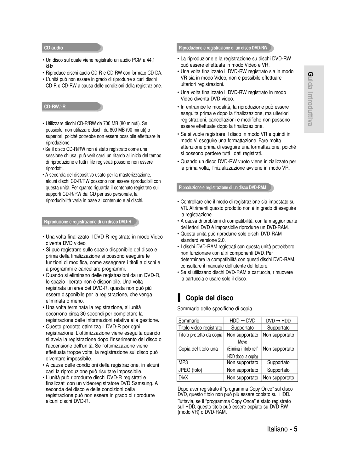 Samsung DVD-HR720/XET manual Copia del disco, Un disco sul quale viene registrato un audio PCM a 44,1 kHz, Jpeg foto, DivX 