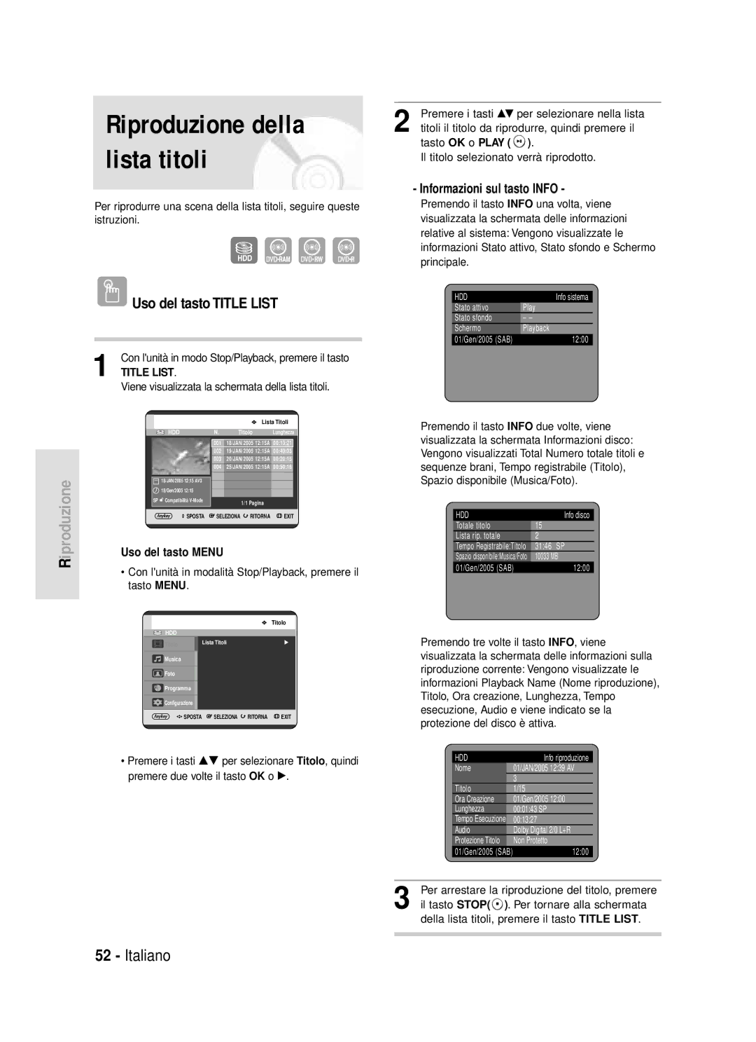 Samsung DVD-HR720/XET manual Riproduzione della lista titoli, Uso del tasto Title List 