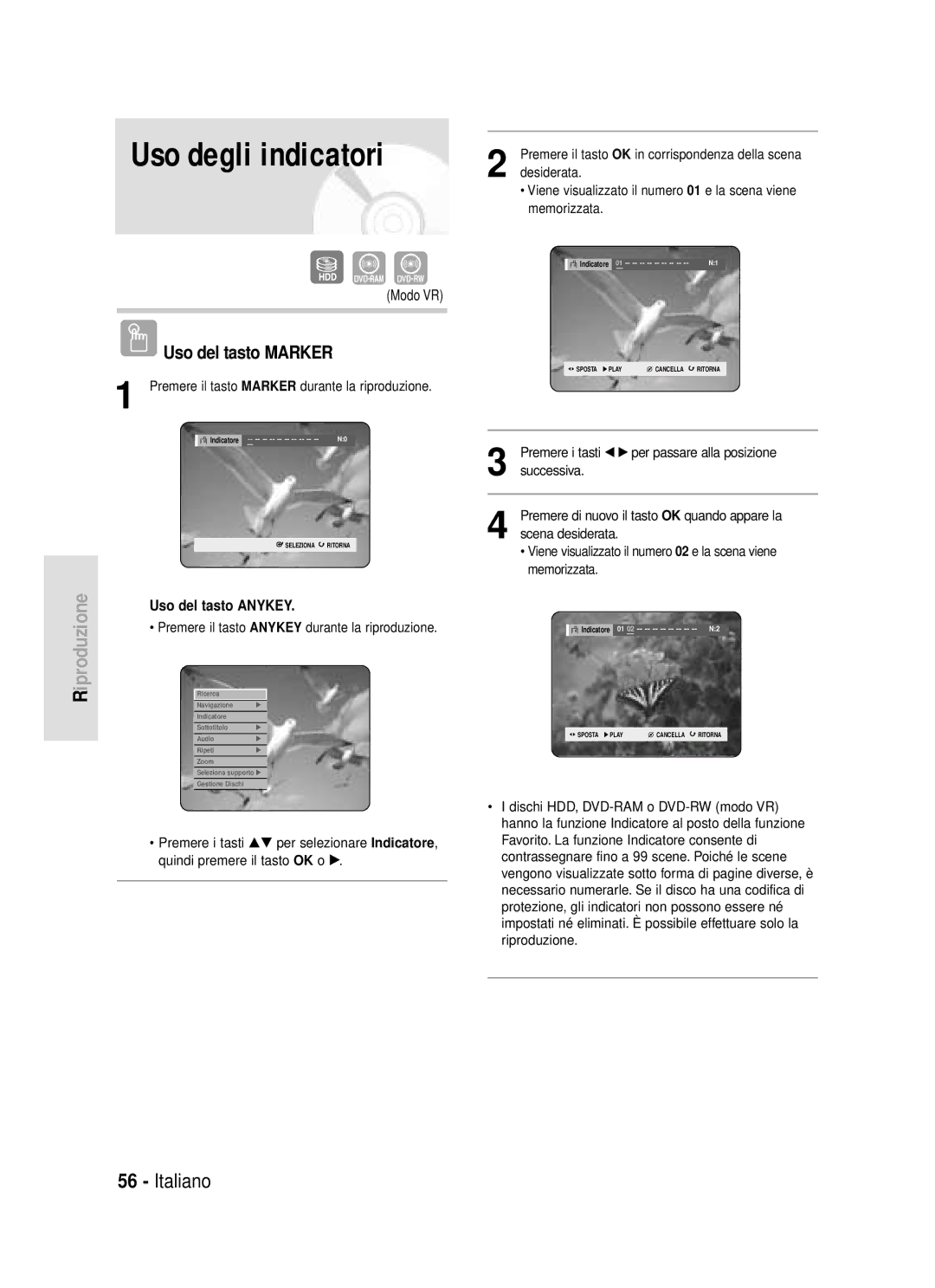 Samsung DVD-HR720/XET manual Uso del tasto Marker, Premere il tasto Marker durante la riproduzione 