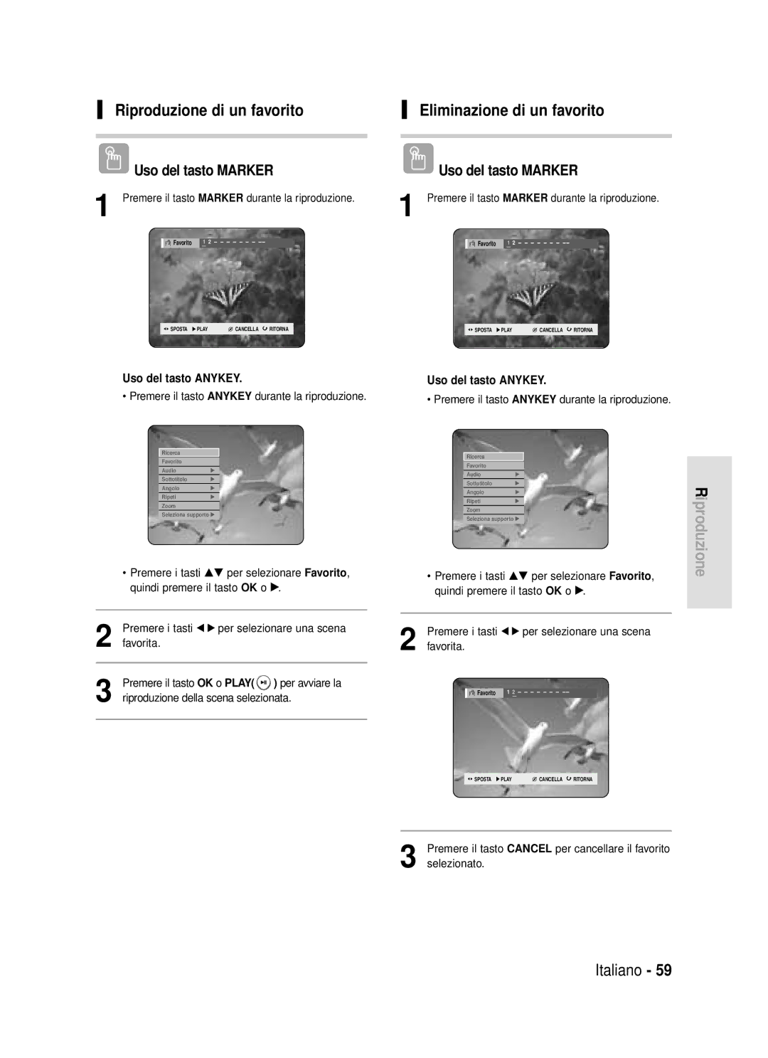 Samsung DVD-HR720/XET manual Riproduzione di un favorito Eliminazione di un favorito, Riproduzione della scena selezionata 