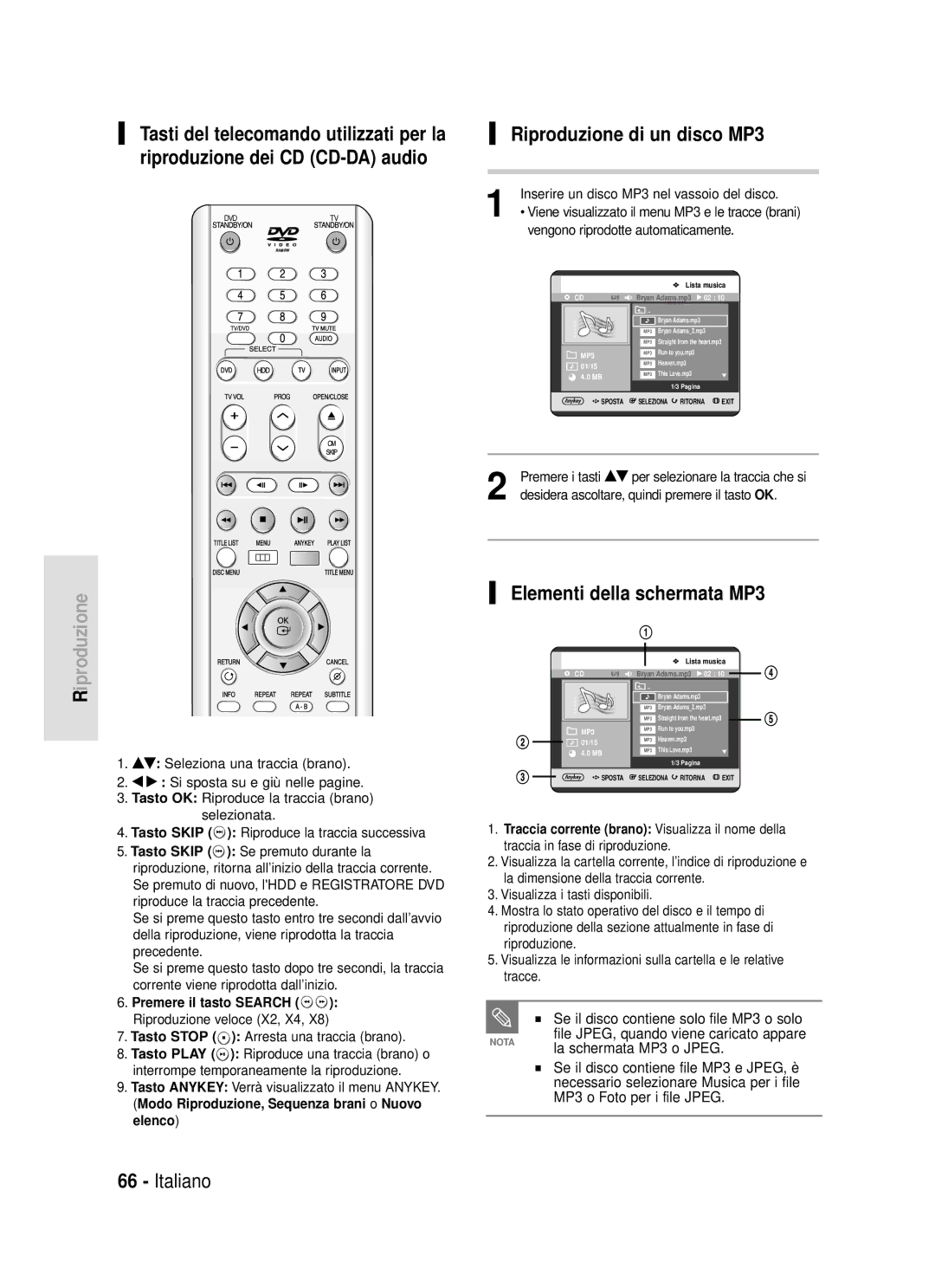 Samsung DVD-HR720/XET manual Riproduzione di un disco MP3, Elementi della schermata MP3, Premere il tasto Search 