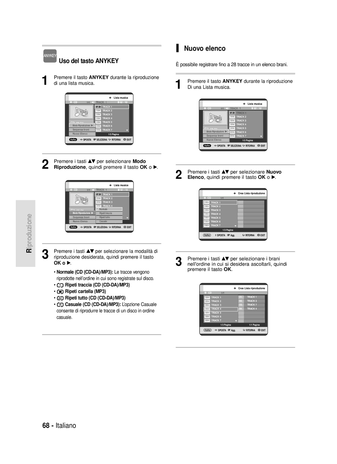 Samsung DVD-HR720/XET manual Nuovo elenco, Ripeti traccia CD CD-DA/MP3, Premere i tasti …† per selezionare Nuovo 