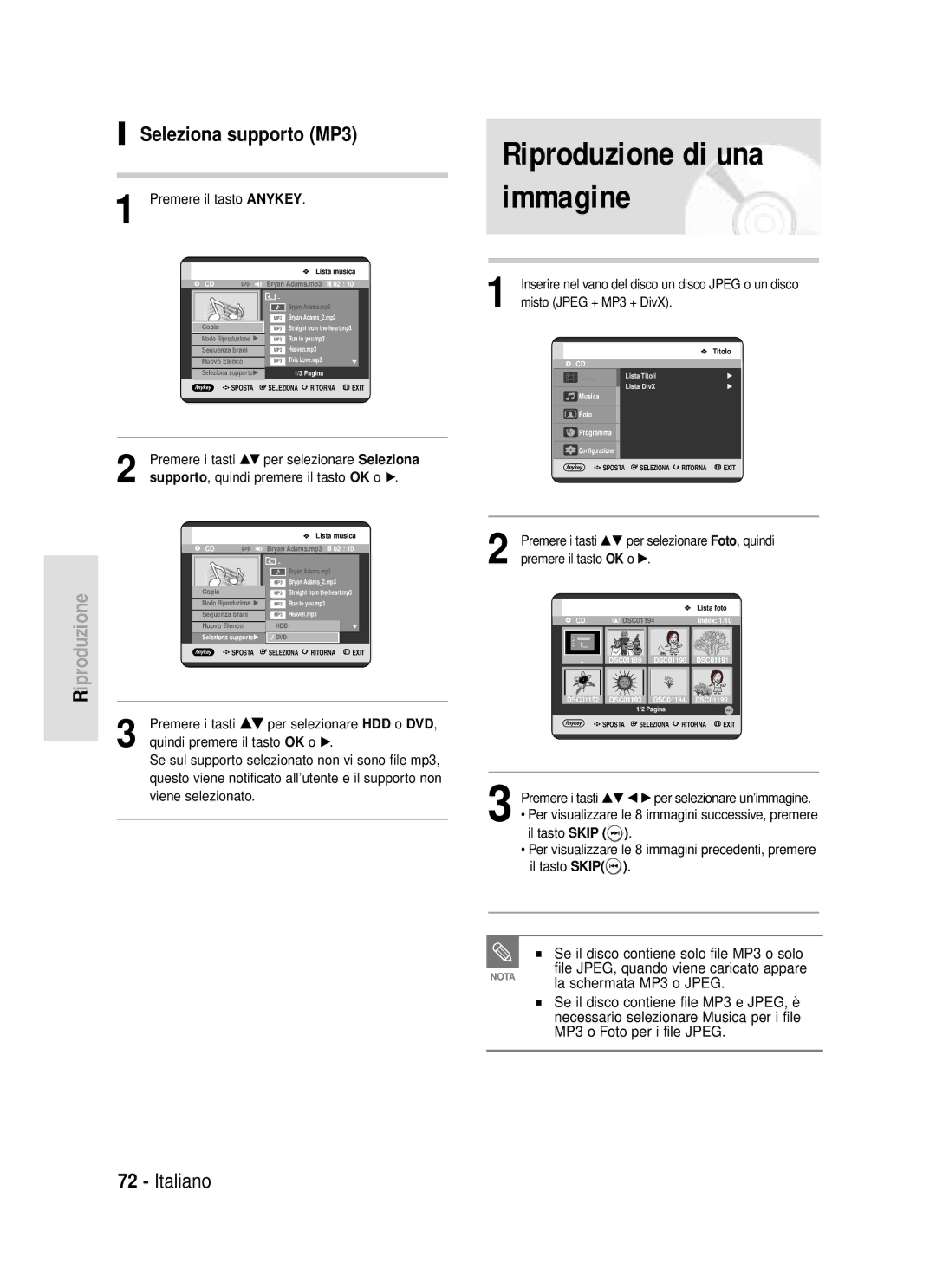 Samsung DVD-HR720/XET manual Premere il tasto Anykey, Misto Jpeg + MP3 + DivX, Premere i tasti …† per selezionare Seleziona 