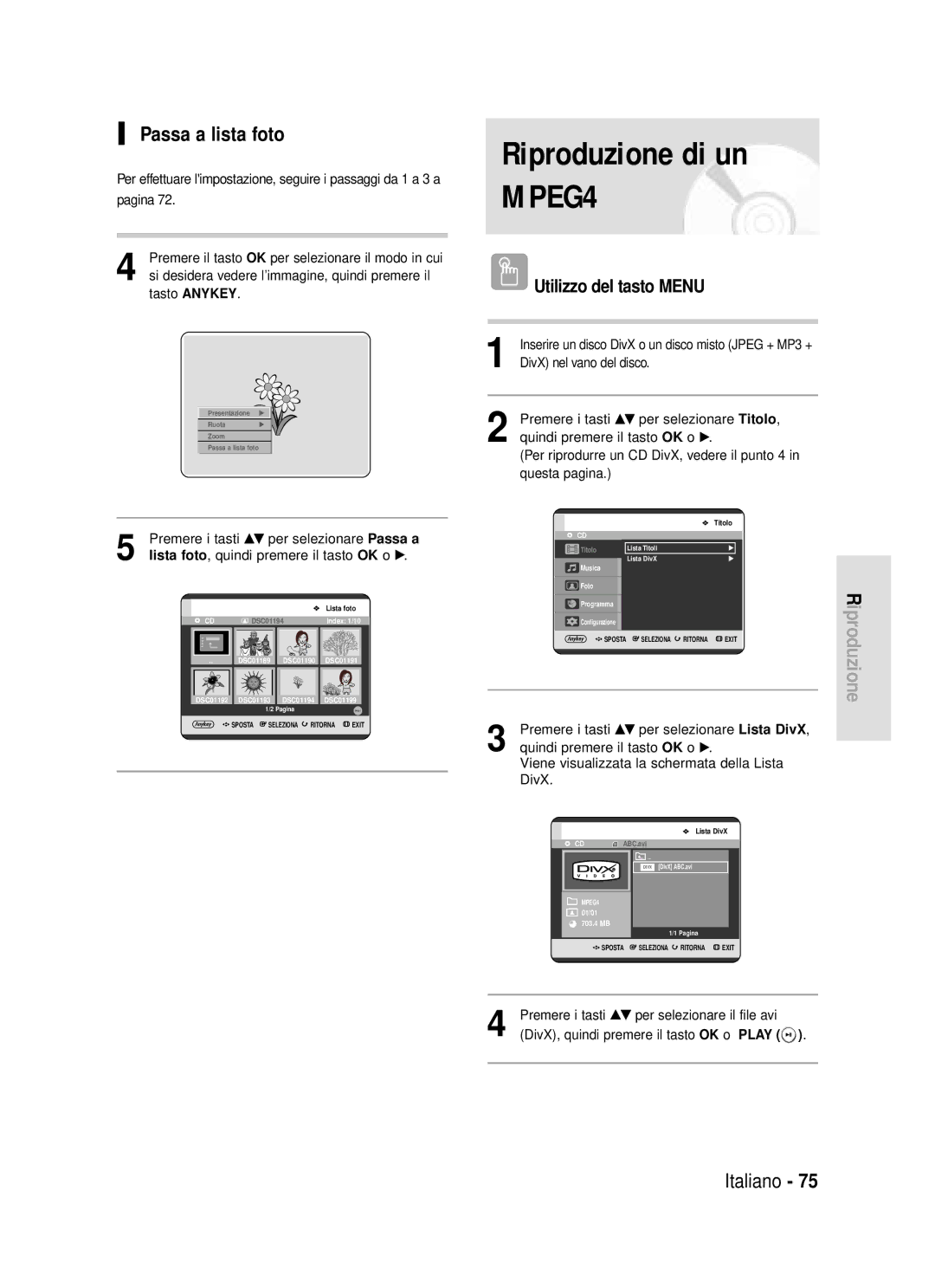 Samsung DVD-HR720/XET manual Riproduzione di un, Passa a lista foto, Utilizzo del tasto Menu 