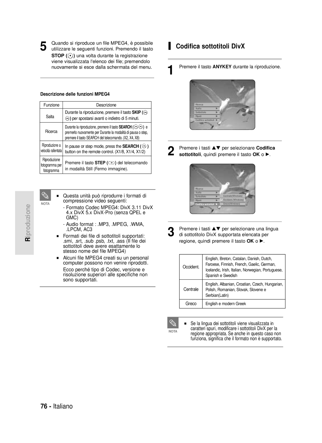 Samsung DVD-HR720/XET manual Codifica sottotitoli DivX 