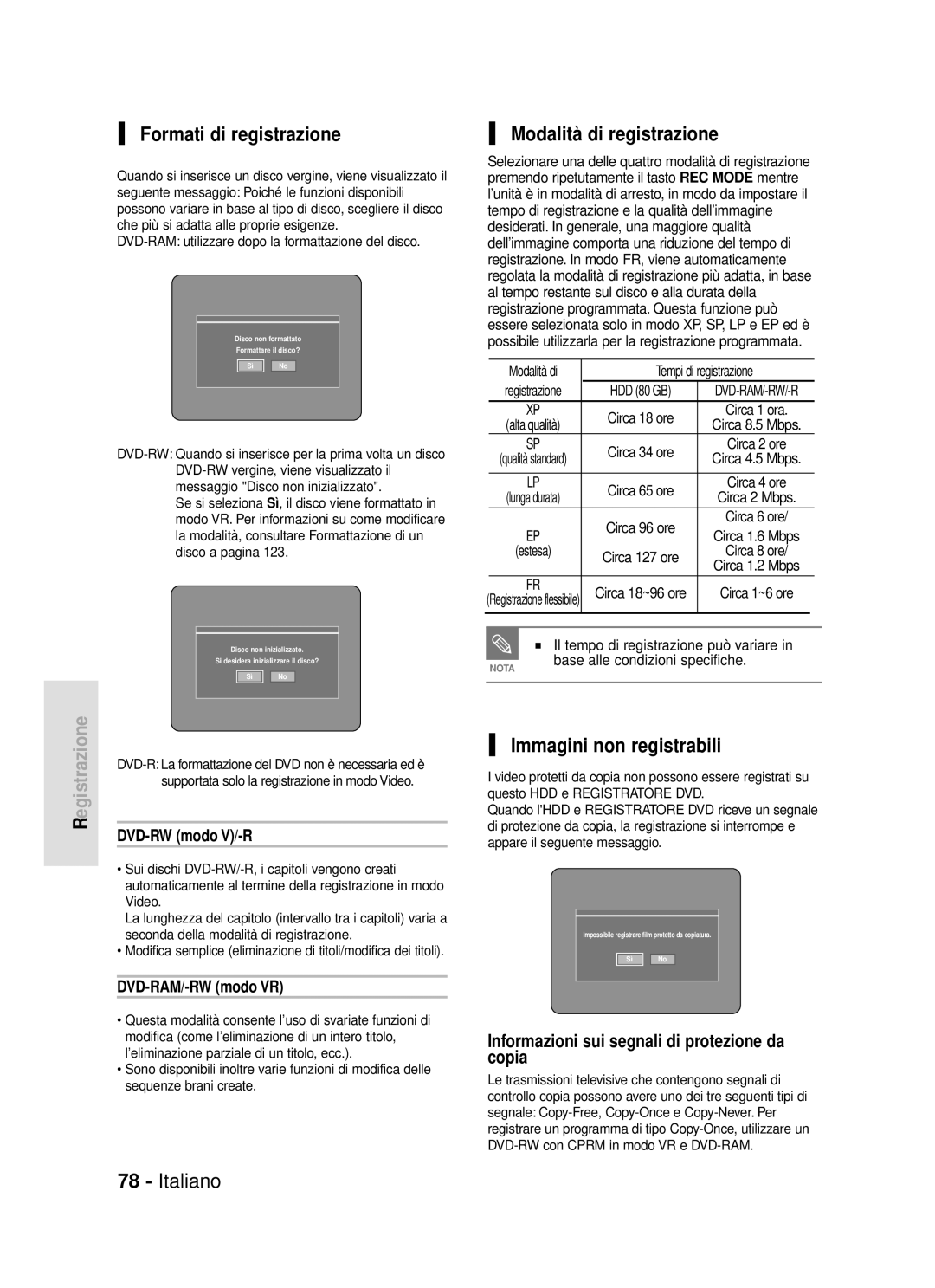 Samsung DVD-HR720/XET manual Formati di registrazione, Modalità di registrazione, Immagini non registrabili 