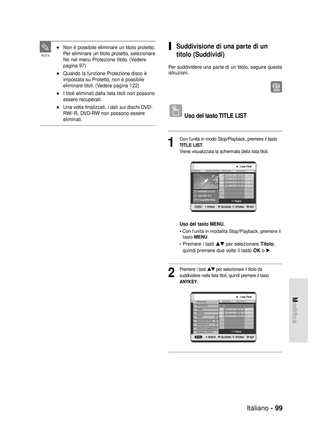 Samsung DVD-HR720/XET Suddivisione di una parte di un titolo Suddividi, No nel menu Protezione titolo. Vedere, Pagina 