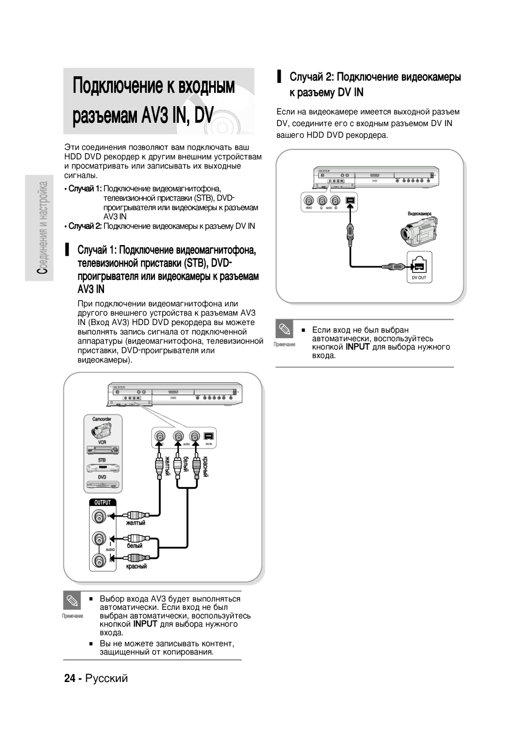 Samsung DVD-HR720/XEV manual ËÎÛ˜‡È 2 èÓ‰ÍÎ˛˜ÂÌËÂ ‚Ë‰ÂÓÍ‡ÏÂ˚ Í ‡Á˙ÂÏÛ DV, 24 êÛÒÒÍËÈ 