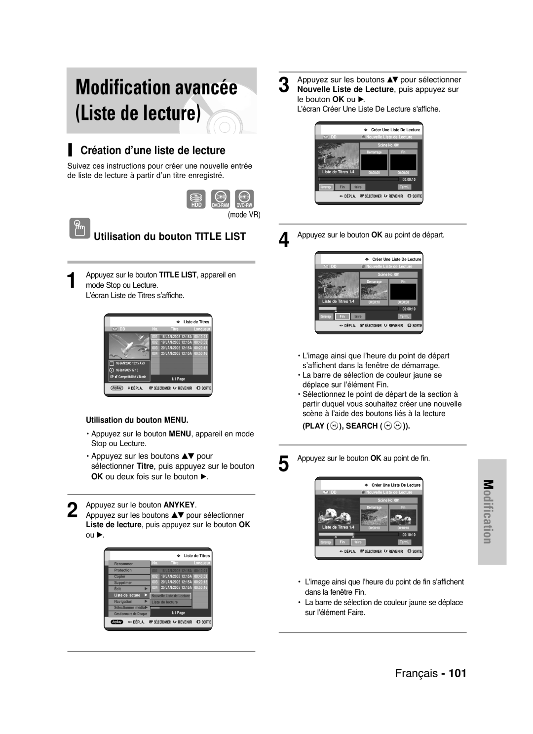 Samsung DVD-HR721/XEF manual Modification avancée Liste de lecture, Création d’une liste de lecture, Puis appuyez sur 