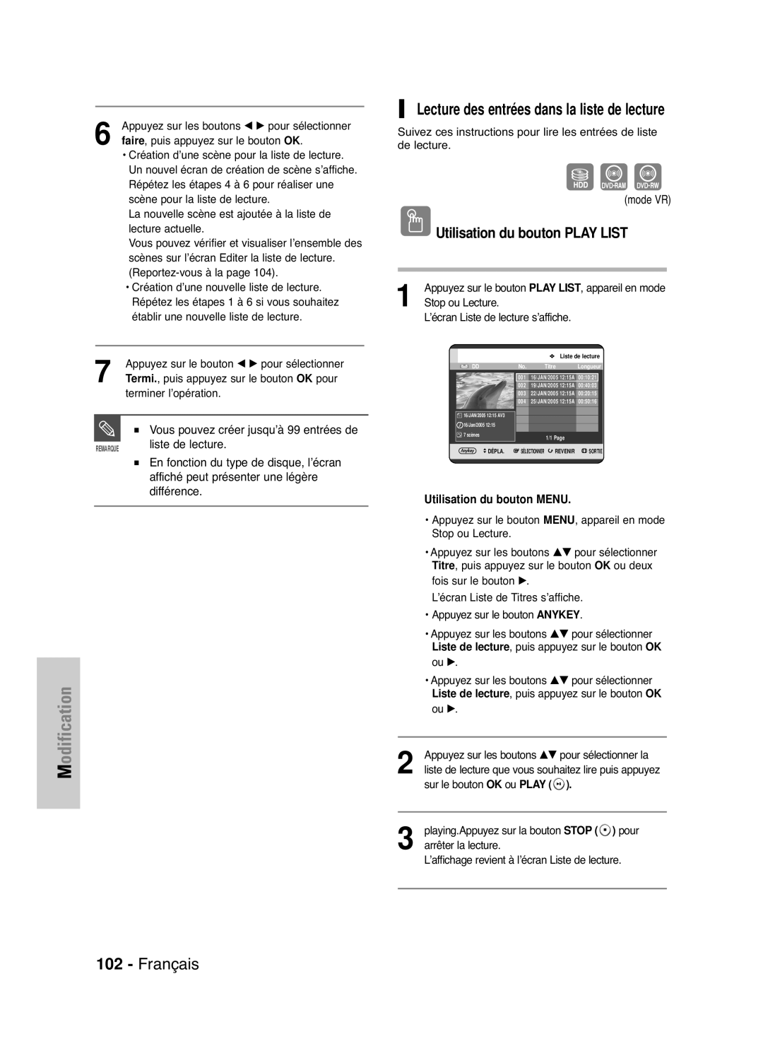 Samsung DVD-HR721/XEF Lecture des entrées dans la liste de lecture, Utilisation du bouton Play List, Liste de lecture 